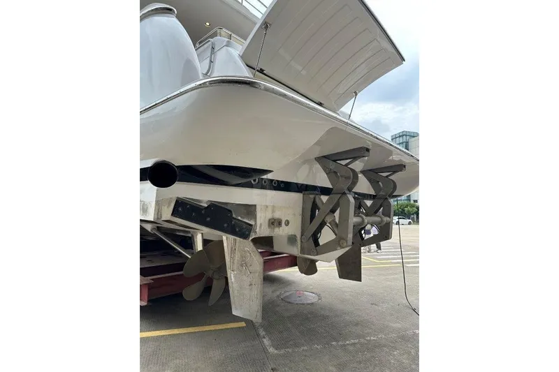  Yacht Photos Pics Sleek Lanzarote 7702 yacht rear view, showcasing propellers and rudders, 2025 model.