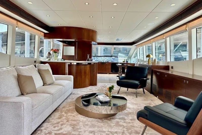  Yacht Photos Pics Luxurious interior of Lanzarote 7702 yacht, featuring elegant seating and modern design, 2025 model.