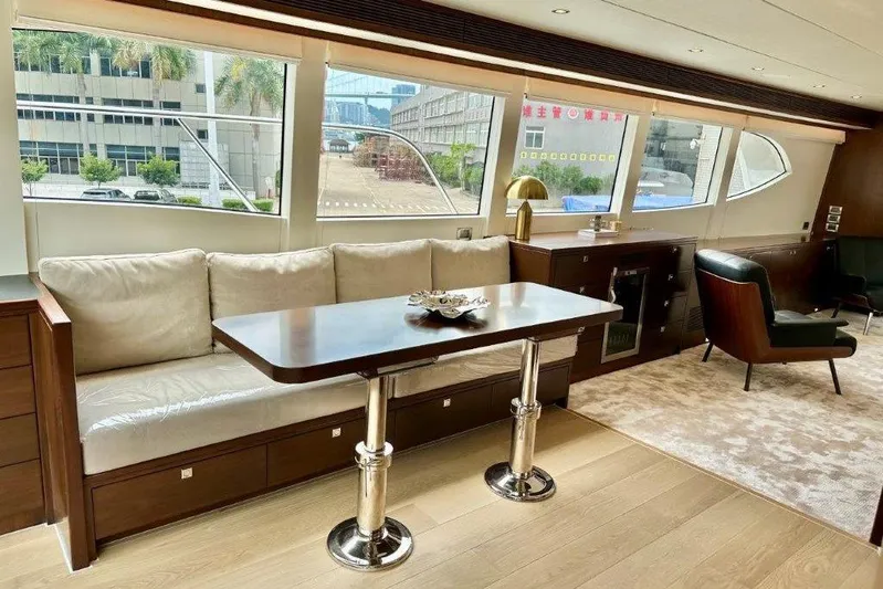  Yacht Photos Pics Luxurious interior of Lanzarote 7702 yacht, featuring elegant seating and modern decor, 2025 model.