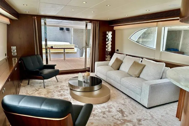  Yacht Photos Pics Luxurious Lanzarote 7702 yacht interior with modern seating, elegant decor, and spacious layout, 2025 model.