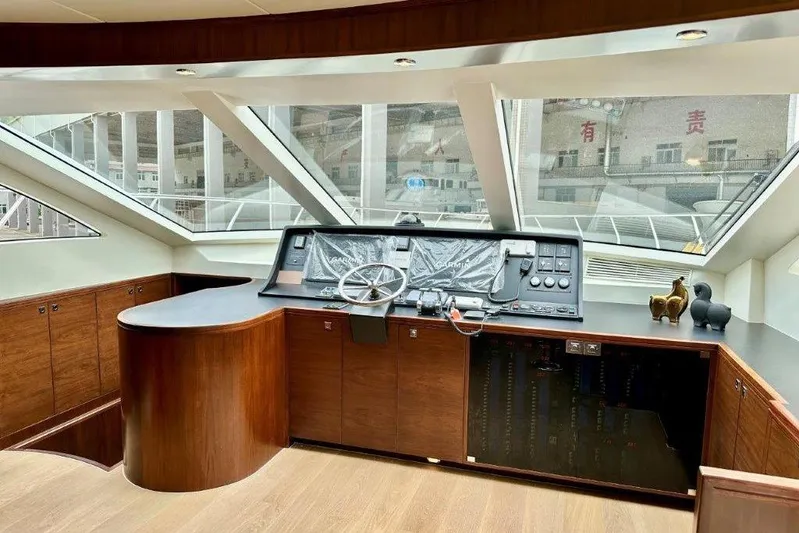  Yacht Photos Pics Luxurious Lanzarote 7702 yacht interior with modern helm and panoramic windows, 2025 model.