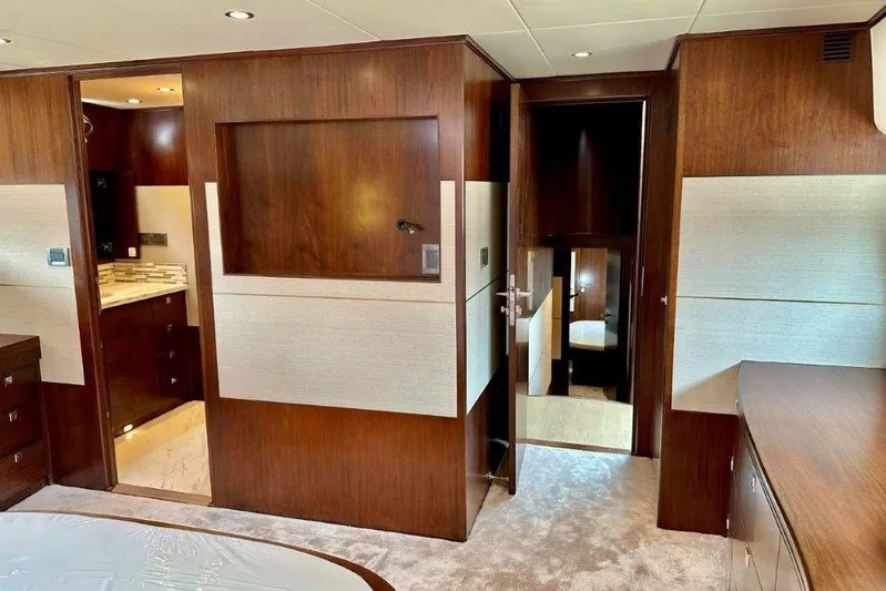  Yacht Photos Pics Luxurious interior of Lanzarote 7702 yacht, featuring elegant wood paneling and modern design, 2025 model.