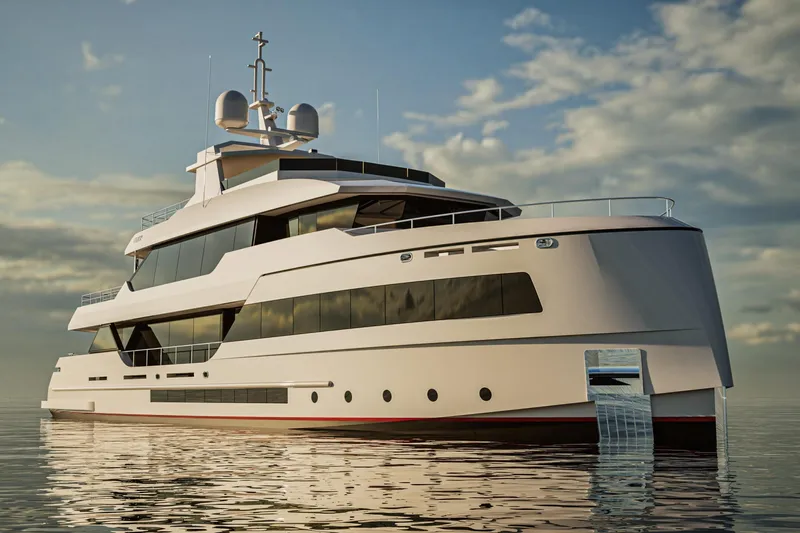  Yacht Photos Pics Luxury yacht Inace Explora 115, 2028 model, on calm waters under a cloudy sky.