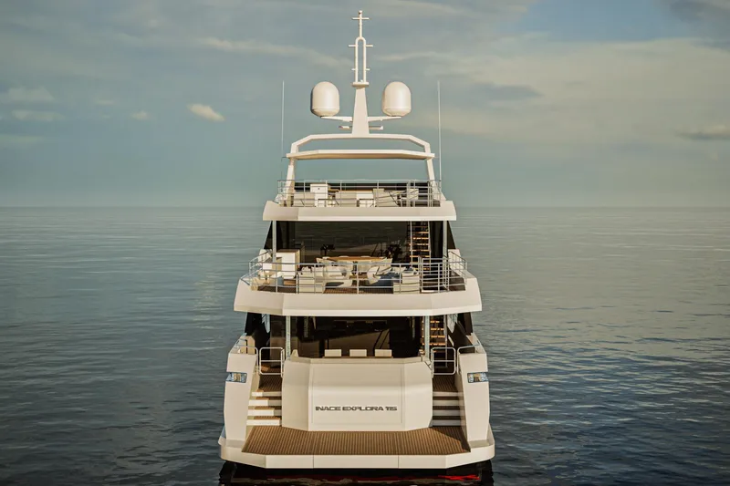  Yacht Photos Pics Luxury yacht Inace Explora 115, 2028 model, on calm ocean waters.