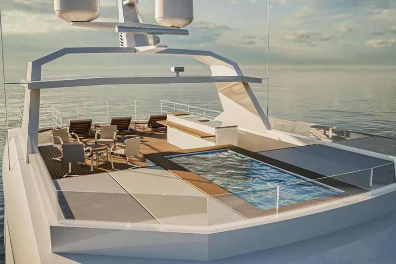  Yacht Photos Pics Luxury Inace Explora 115 yacht deck with pool and seating, 2028 model.