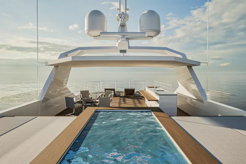  Yacht Photos Pics Luxurious Inace Explora 115 yacht deck with pool, modern seating, and ocean view, 2028 model.