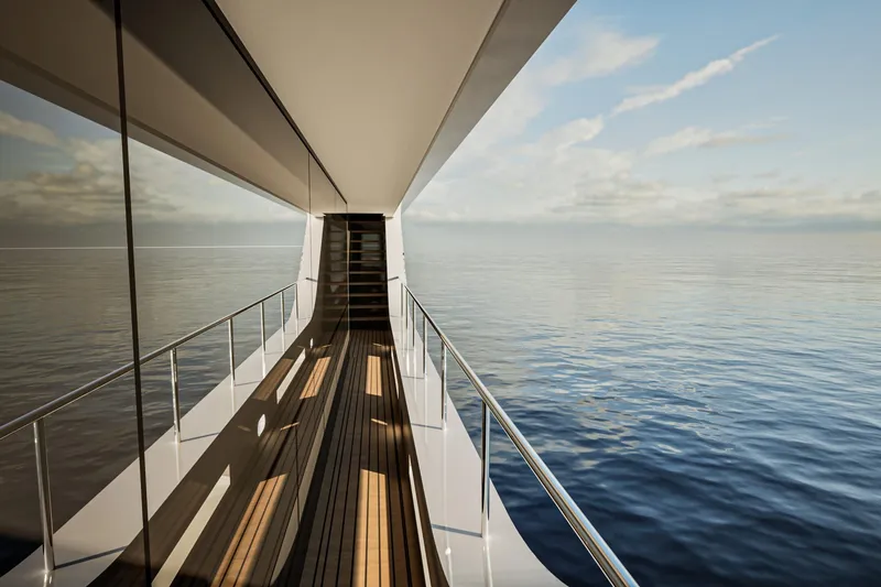  Yacht Photos Pics Luxurious Inace Explora 115 yacht deck overlooking serene ocean, 2028 model.