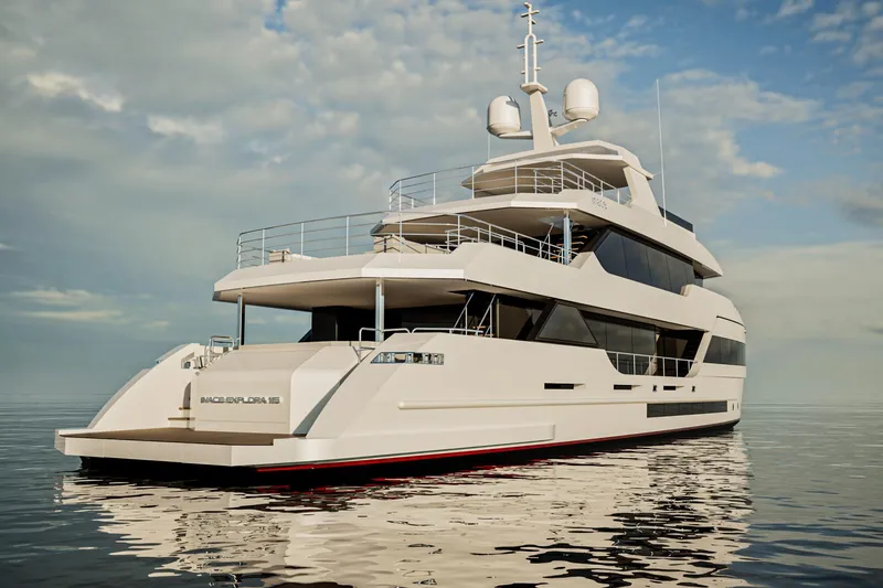  Yacht Photos Pics Luxurious 2028 Inace Explora 115 yacht on calm ocean waters under a cloudy sky.