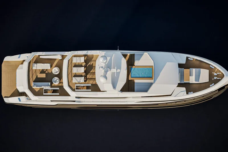  Yacht Photos Pics Aerial view of 2028 Inace Explora 115 yacht with pool and spacious deck layout.