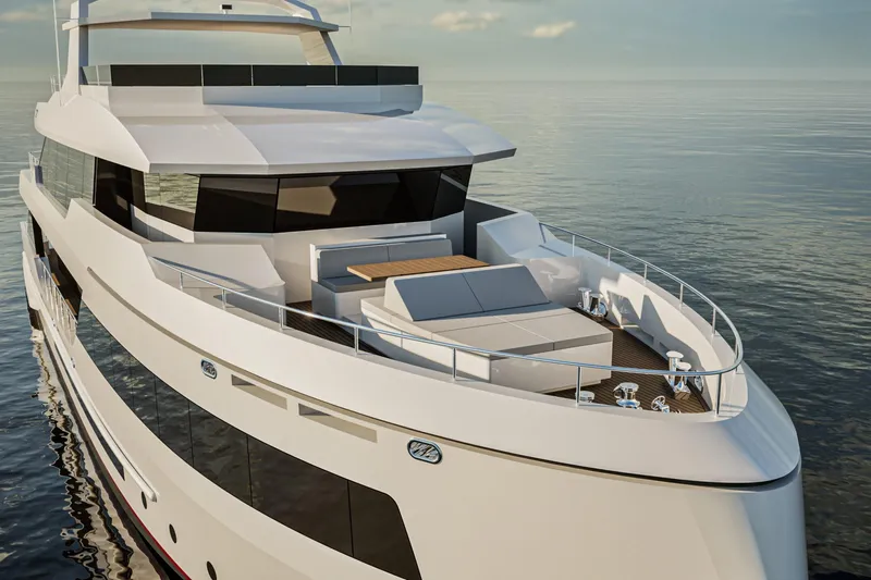  Yacht Photos Pics Luxury Inace Explora 115 yacht, 2028 model, cruising on calm ocean waters.