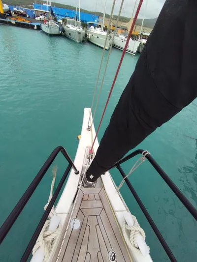 Loic Yacht Photos Pics Italia Yachts 14.98 sailboat bow, docked in marina, 2023 model.