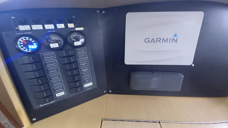 Double Trouble Yacht Photos Pics Control panel of 2015 Fountaine Pajot Lipari 41 with Garmin navigation system.