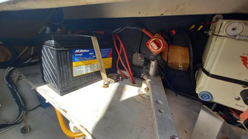 Double Trouble Yacht Photos Pics Battery compartment of 2015 Fountaine Pajot Lipari 41 catamaran, featuring wiring and components.