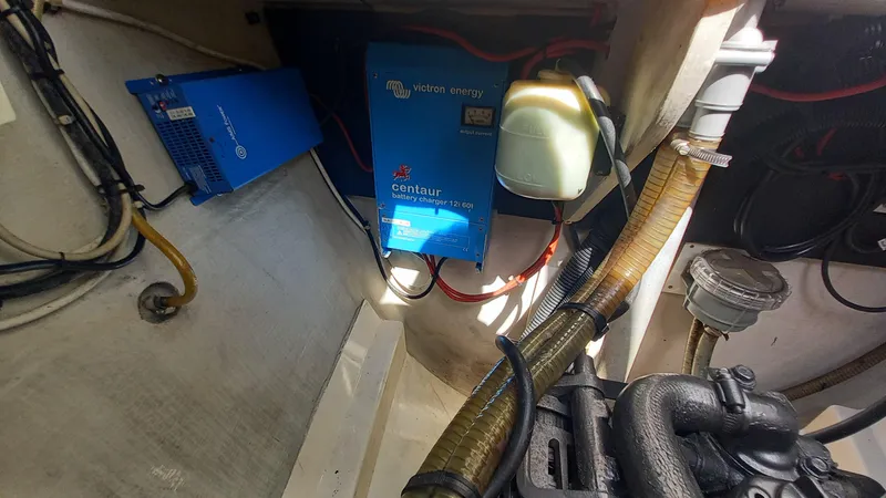 Double Trouble Yacht Photos Pics Engine compartment of 2015 Fountaine Pajot Lipari 41 with Victron Energy equipment.