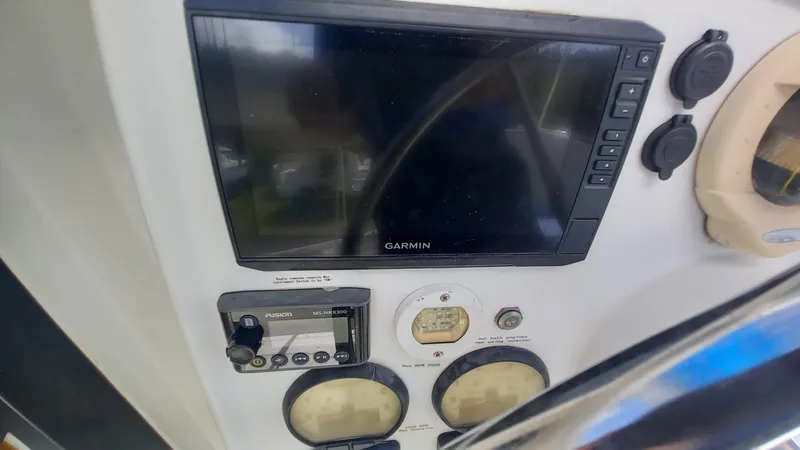 Double Trouble Yacht Photos Pics Control panel of a 2015 Fountaine Pajot Lipari 41 with Garmin display and gauges.