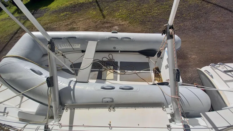 Double Trouble Yacht Photos Pics Inflatable dinghy on 2015 Fountaine Pajot Lipari 41 catamaran deck, viewed from above.