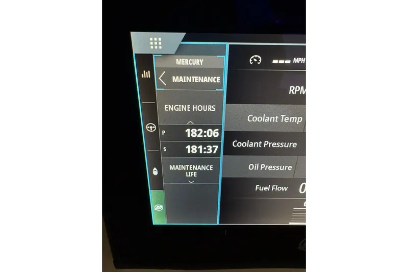  Yacht Photos Pics Display screen showing engine hours and maintenance data for 2022 Boston Whaler 325 Conquest.