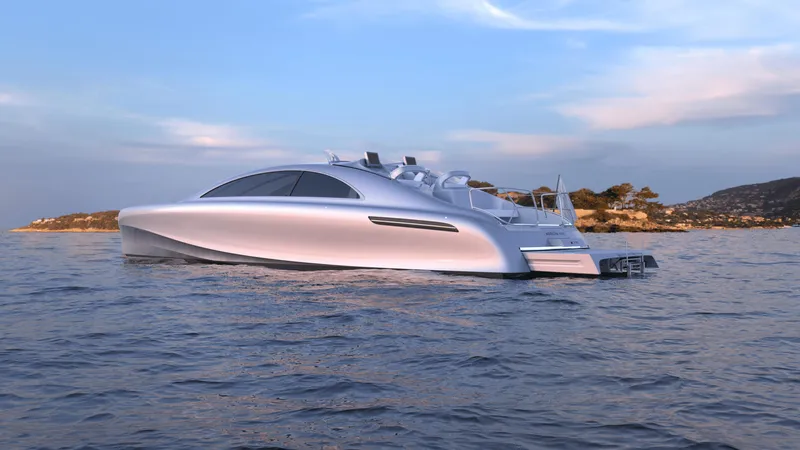 Mercedes Yacht Photos Pics Luxury Silver Arrows Marine Arrow 460 GT yacht on serene waters, 2022 model.