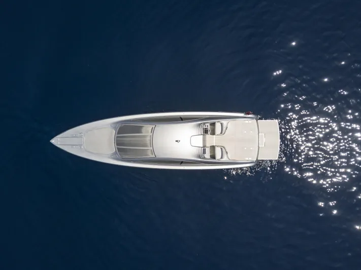 Mercedes Yacht Photos Pics Aerial view of 2022 Silver Arrows Marine Arrow 460 GT yacht on open water.