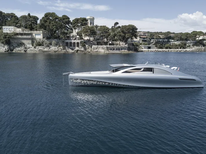 Mercedes Yacht Photos Pics Luxury Silver Arrows Marine Arrow 460 GT yacht on serene water, 2022 model.