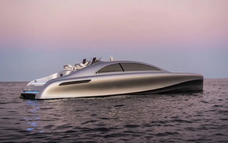 Mercedes Yacht Photos Pics Luxury Silver Arrows Marine Arrow 460 GT yacht on calm water at sunset, 2022 model.