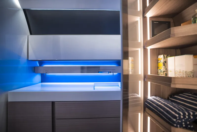 Mercedes Yacht Photos Pics Luxurious interior of 2022 Silver Arrows Marine Arrow 460 GT yacht with modern design and ambient lighting.