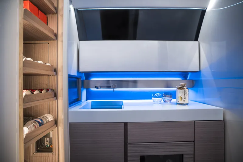 Mercedes Yacht Photos Pics Modern kitchen interior of 2022 Silver Arrows Marine Arrow 460 GT yacht.