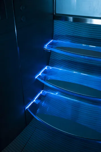 Mercedes Yacht Photos Pics Illuminated steps inside 2022 Silver Arrows Marine Arrow 460 GT yacht.