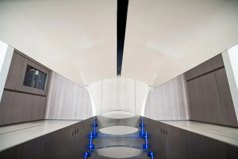 Mercedes Yacht Photos Pics Interior of 2022 Silver Arrows Marine Arrow 460 GT yacht, featuring sleek modern design.