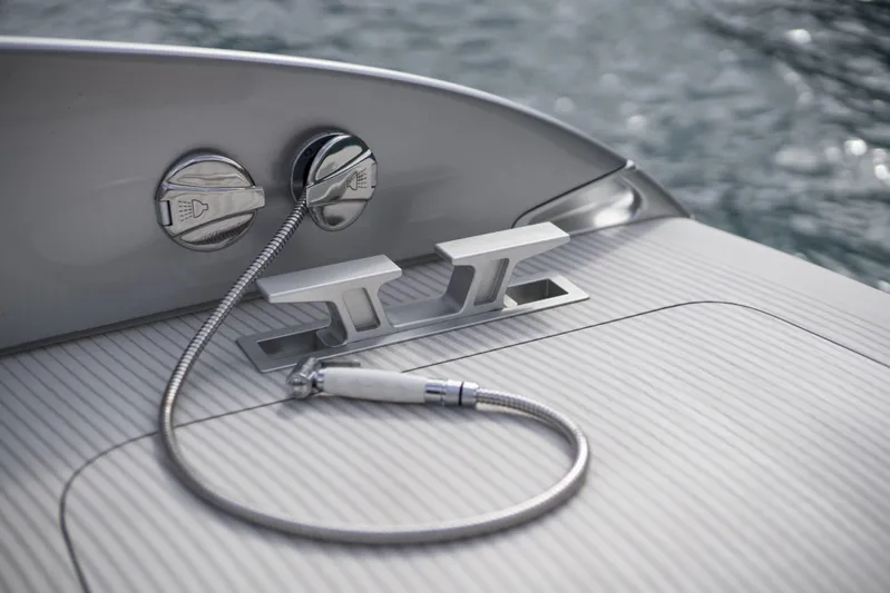 Mercedes Yacht Photos Pics Luxury yacht deck detail of 2022 Silver Arrows Marine Arrow 460 GT, featuring sleek design elements.