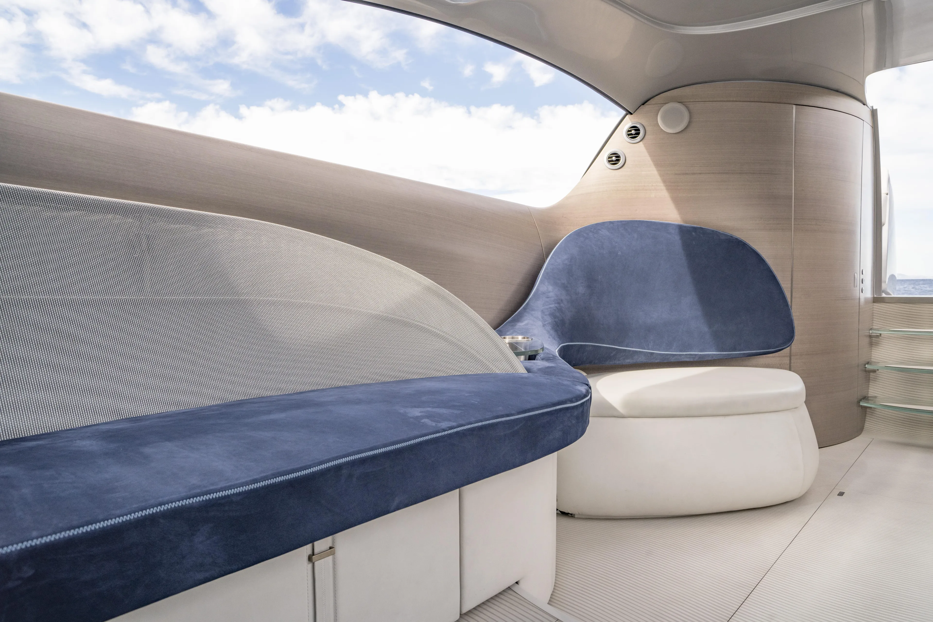 Mercedes Yacht Photos Pics Luxurious interior of 2022 Silver Arrows Marine Arrow 460 GT yacht with modern seating.