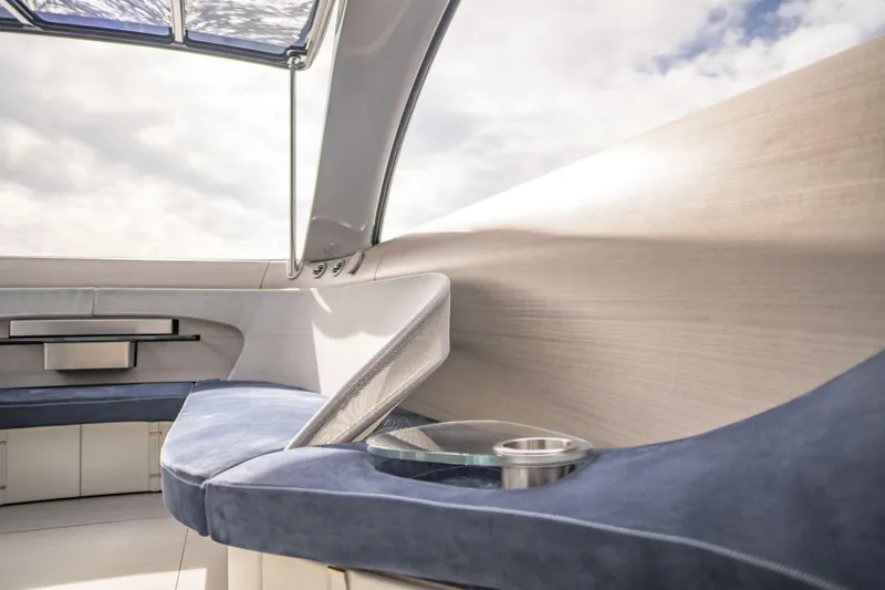 Mercedes Yacht Photos Pics Luxurious interior of 2022 Silver Arrows Marine Arrow 460 GT yacht with plush seating.