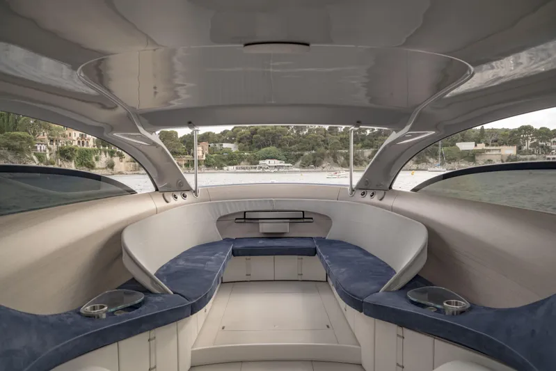Mercedes Yacht Photos Pics Luxurious interior of 2022 Silver Arrows Marine Arrow 460 GT yacht, featuring elegant seating.