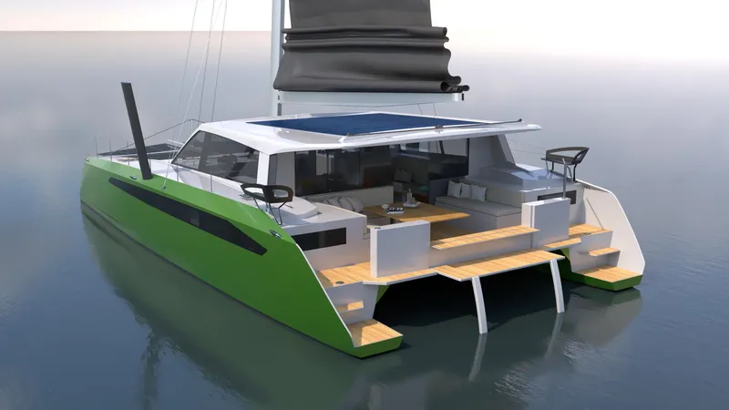  Yacht Photos Pics Ocean Renegade R5 MKII 2025 catamaran with green hull, spacious deck, and modern design.