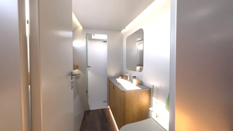  Yacht Photos Pics Modern bathroom interior of Ocean Renegade R5 MKII 2025 yacht with sleek design and wooden accents.