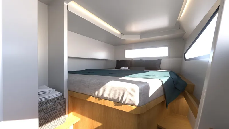  Yacht Photos Pics Luxurious bedroom interior of 2025 Ocean Renegade R5 MKII yacht with modern design.