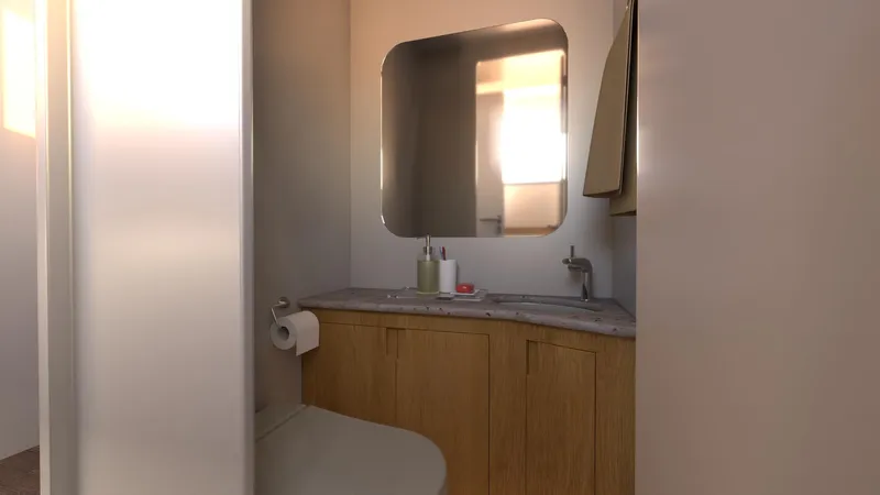  Yacht Photos Pics Modern bathroom in 2025 Ocean Renegade R5 MKII yacht with wooden cabinetry.