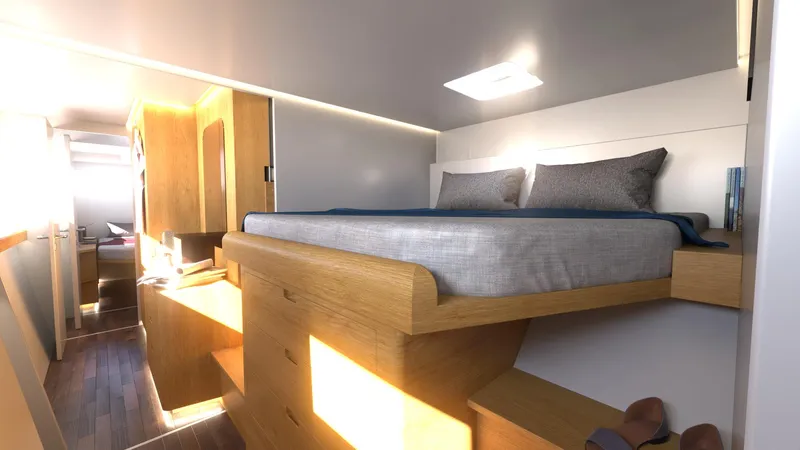  Yacht Photos Pics Luxurious bedroom interior of Ocean Renegade R5 MKII 2025 model yacht.