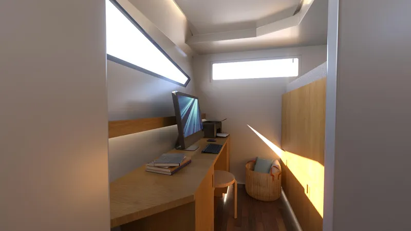  Yacht Photos Pics Modern workspace in Ocean Renegade R5 MKII yacht, 2025 model.