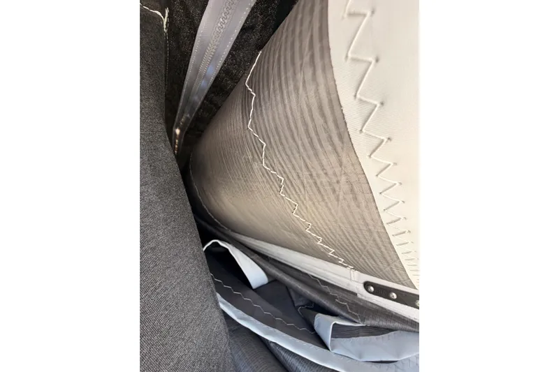 C'est Chic Yacht Photos Pics Close-up of Jeanneau Sun Odyssey 350 sail stitching, 2025 model.