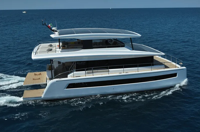  Yacht Photos Pics Silent 62 yacht, 2026 model, cruising on open sea with solar panels on deck.