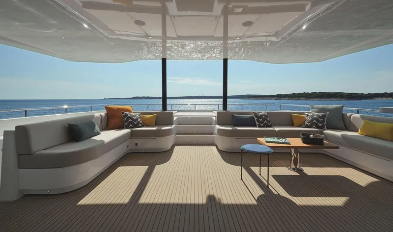  Yacht Photos Pics Luxurious Silent 62 yacht interior, 2026 model, featuring elegant seating and ocean view.