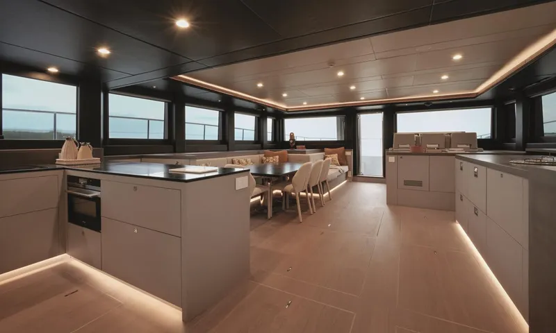  Yacht Photos Pics Luxurious interior of 2026 Silent 62 yacht with modern kitchen and dining area.