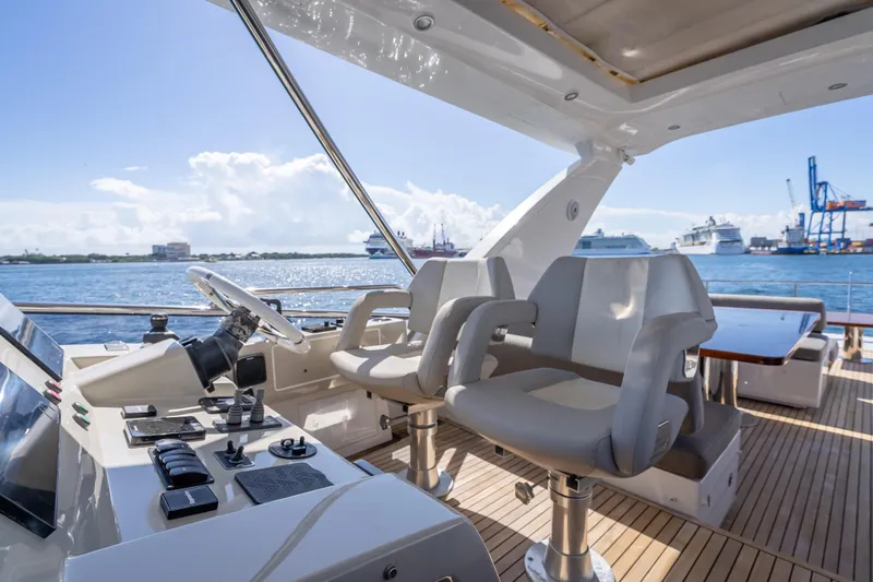  Yacht Photos Pics Luxurious 2019 Azimut 66 yacht helm with plush seating and ocean view.