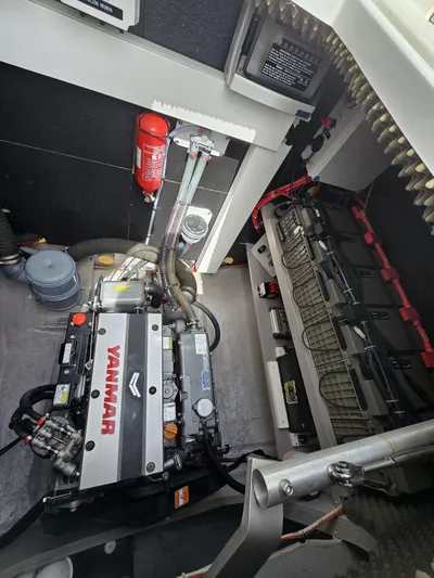 Catacha Yacht Photos Pics Engine room of a 2022 Bali 4.6 yacht with Yanmar engine and safety equipment.