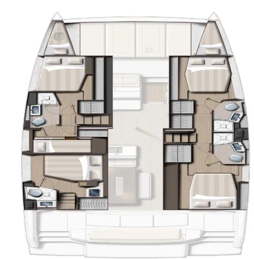 Catacha Yacht Photos Pics Floor plan of a 2022 Bali 4.6 catamaran, featuring multiple cabins and bathrooms.