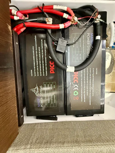 Good Vibes Yacht Photos Pics Battery system in 2023 Axopar 37 Cross Cabin with red and black cables.