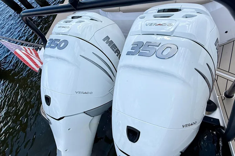 Good Vibes Yacht Photos Pics Twin Mercury Verado 350 engines on a 2023 Axopar 37 Cross Cabin boat.