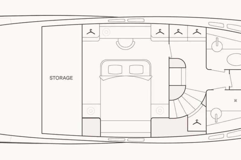 Baateaux Yacht Photos Pics Floor plan of 2024 Zeelander 5 yacht, featuring bedroom, storage, and bathroom layout.