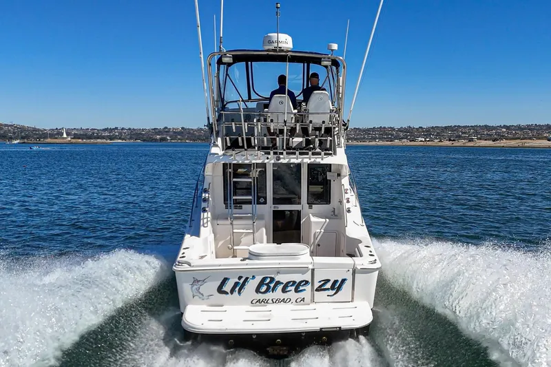 Lil' Breezy Yacht Photos Pics 2006 Riviera 33 Flybridge boat cruising on open water, rear view.